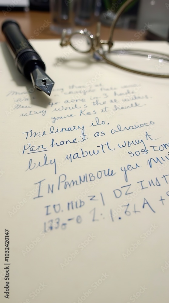 Fountain pen on paper with handwritten notes and glasses Fountain pen on paper with handwritten notes and glasses