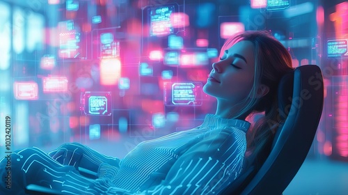 Business Working Woman Burnout Businesswoman slumped over her desk, holographic emails and notifications surrounding her, soft neon blue lighting, digital art, burnout theme photo