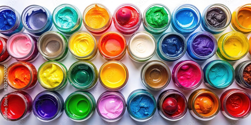 Acrylic Paints in Jars - Aerial View on White Background Acrylic Paints in Jars - Aerial View on White Background