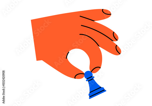Hand drawn cute cartoon illustration of hand with pawn. Flat vector chess figure in arm doodle style. High ambitions. Strategy or intelligence icon. Tactic thinking. Board game. Isolated.