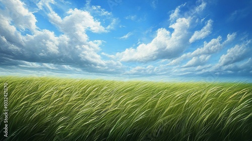 Lush green grass field with a bright blue sky and white clouds.