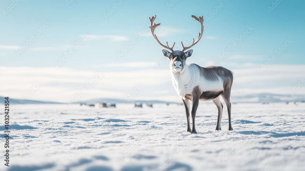 A lone reindeer stands in a snowy field with a herd in the background. A lone reindeer stands in a snowy field with a herd in the background.