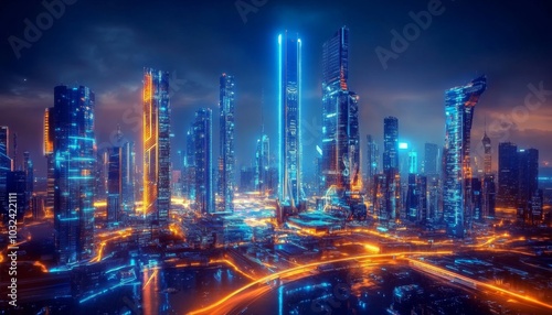 Wallpaper Mural Futuristic city night lit up bright blue orange infrastructure Torontodigital.ca