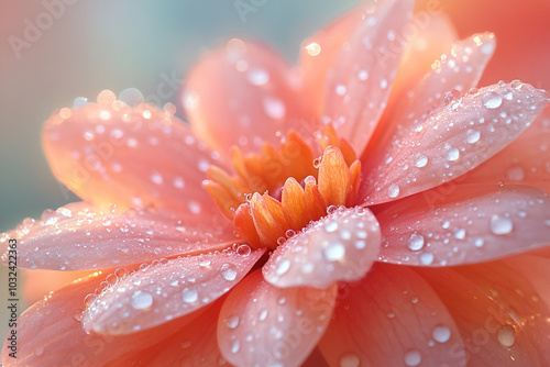 A close-up of a delicate pink flower adorned with glistening water droplets, creating a soft, dreamy atmosphere.