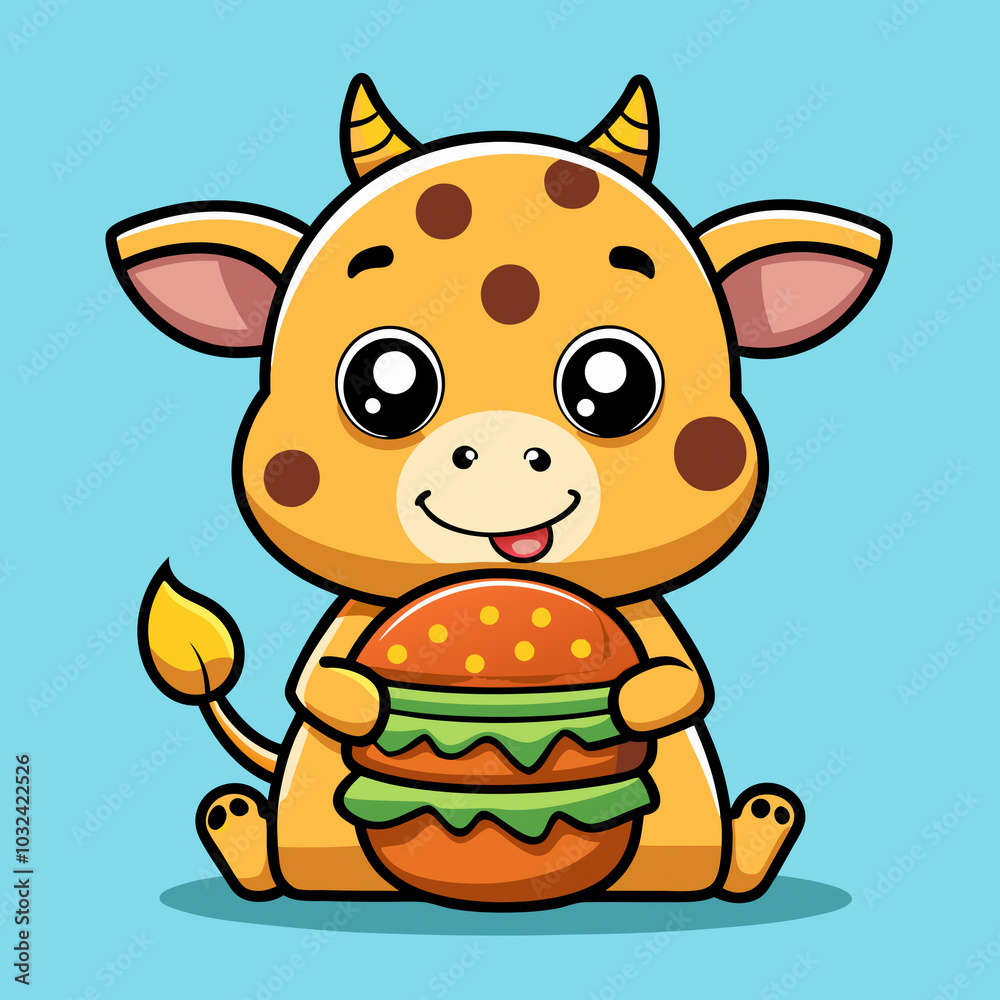 Adorable Cartoon Giraffe Enjoying a Burger: Perfect Vector Illustration for Food Branding and Hotel Menus Adorable Cartoon Giraffe Enjoying a Burger: Perfect Vector Illustration for Food Branding and Hotel Menus