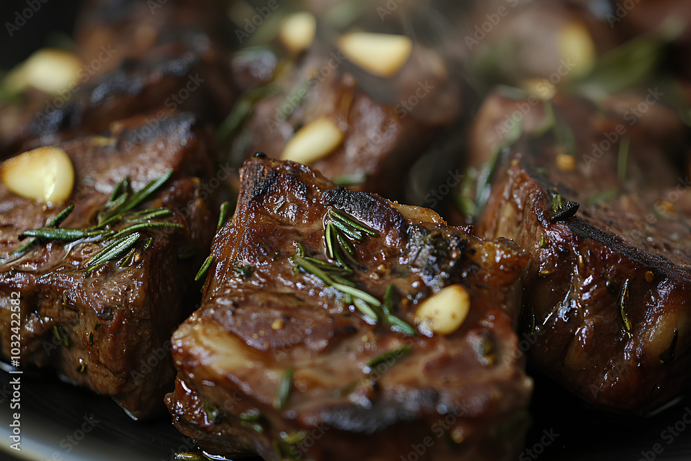 Close-up of juicy steak tips with herb-garlic marinade and charred edges garnished with rosemary and garlic cloves
Close-up of juicy steak tips with herb-garlic marinade and charred edges garnished with rosemary and garlic cloves
