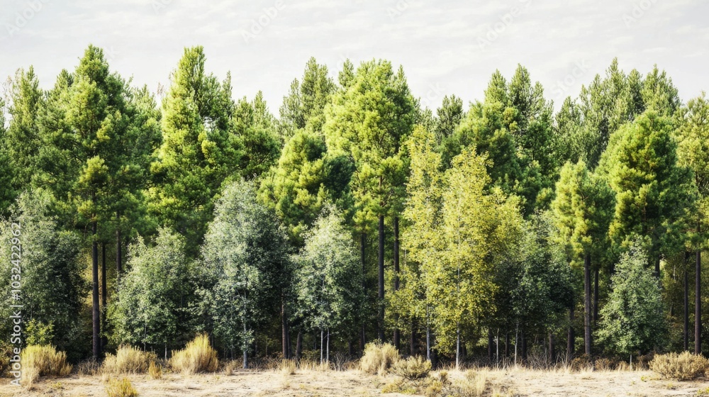 Obraz premium Group tall trees forested area are densely packed An isolated row
