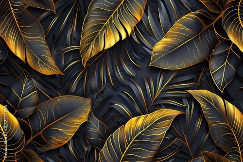 Wallpaper Mural Elegant tropical leaf wallpaper with intricate golden banana leaf line arts and hand-drawn outlines, perfect for luxurious nature patterns in fabric, print, cover, banner, and invitation Torontodigital.ca