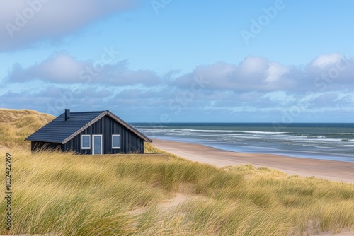 A small black house sits on a beach with a view of the ocean