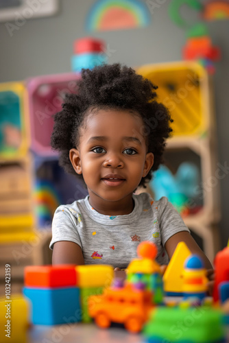 Smiling African American kid playing with toys in playroom, happy childhood for all concept