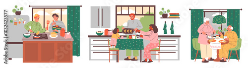 Family enjoying together breakfast vector set, happy parents cook food in the kitchen, pancake, croissant scrambled eggs