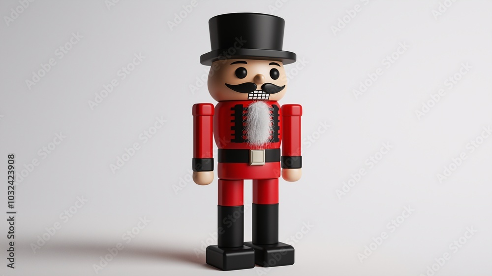 Classic Nutcracker Toy in Red and Black: A traditional nutcracker doll in red and black, with a whimsical and festive design. The toy stands upright with a black top hat, a white mustache.