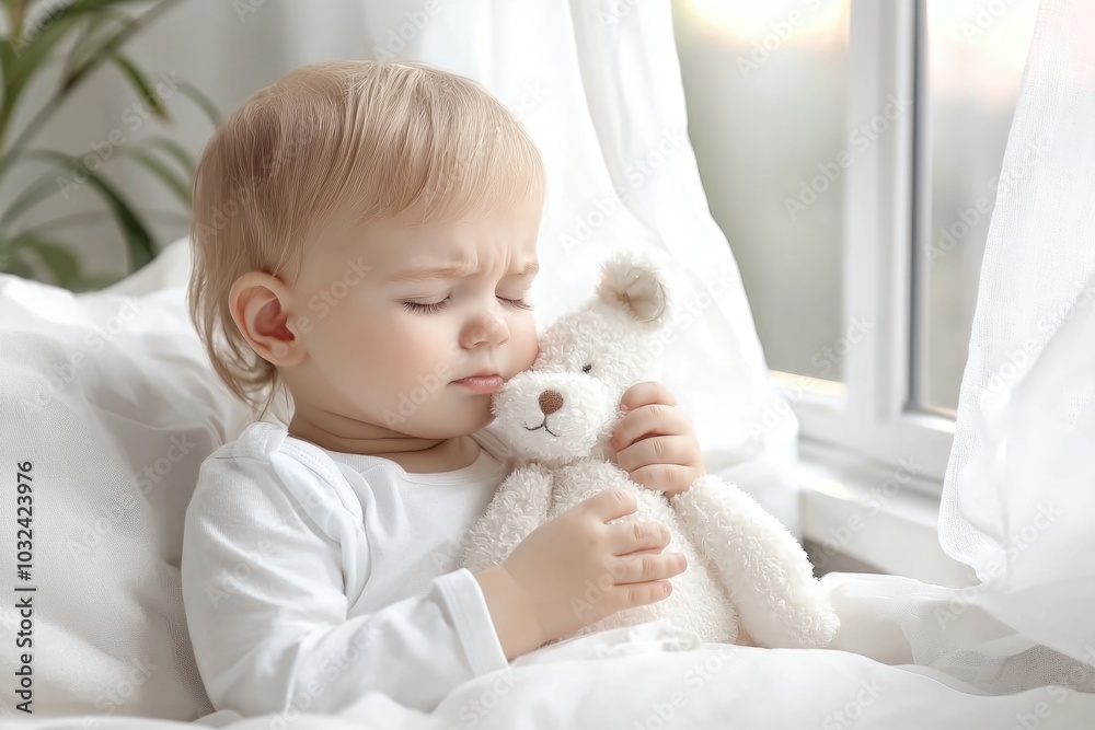 Sick child: young one battling cold, showcasing challenges of illness, need for care, and importance of comfort measures while highlighting resilience and vulnerability of childhood. Sick child: young one battling cold, showcasing challenges of illness, need for care, and importance of comfort measures while highlighting resilience and vulnerability of childhood.