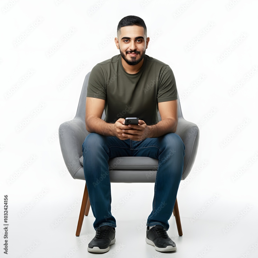 Portrait of a Middle Eastern man in traditional thobe and shemagh, sitting in a modern chair against a white background. Ideal for cultural representation, business profiles, and contemporary Portrait of a Middle Eastern man in traditional thobe and shemagh, sitting in a modern chair against a white background. Ideal for cultural representation, business profiles, and contemporary