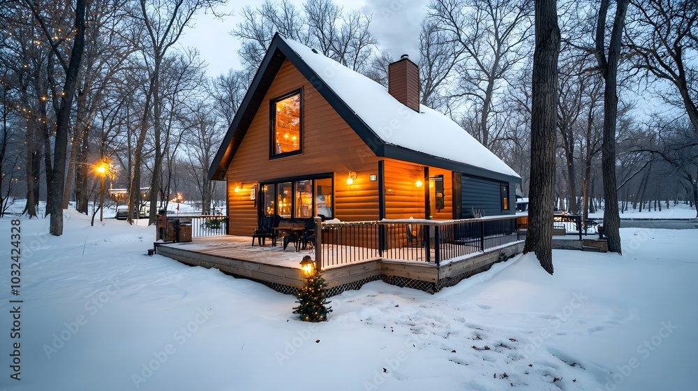 Fototapeta premium Cozy cabin nestled in the snowy landscape with smoke rising from the chimney and twinkling lights glowing from the windows creating a peaceful and inviting winter retreat