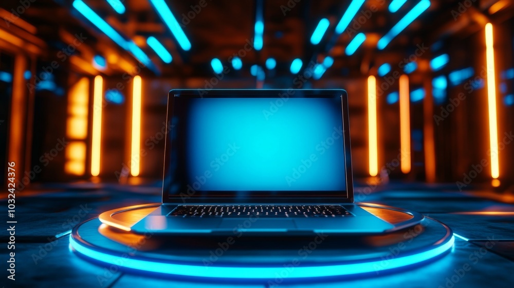Obraz premium Laptop computer blank blue screen sitting circular platform An empty touch