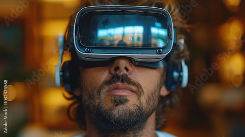 A young man wearing VR goggles experiencing virtual reality in a tech office.