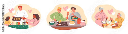 Diverse family breakfast illustration set, flat style. Isolated background.