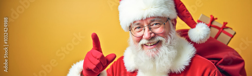 Santa Claus on a gold background with a copy space pointing his index finger forward