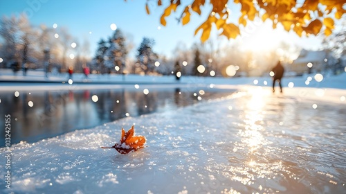 Breathtaking view of delicate snowflakes gently falling over a serene frozen lake as ice skaters gracefully glide across the icy surface capturing the beauty and tranquility of a winter day photo