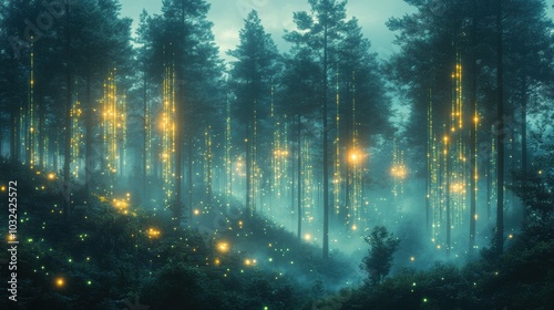 Enchanted Forest with Glowing Lights and Mist