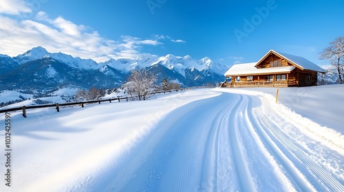 Snowy road with tire tracks winding through a picturesque mountain landscape leading to a cozy rustic cabin nestled in the remote and peaceful countryside