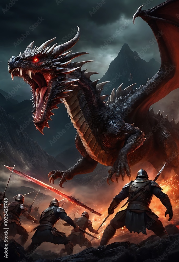 A large fierce dragon with glowing red eyes attacking a group of armed warriors