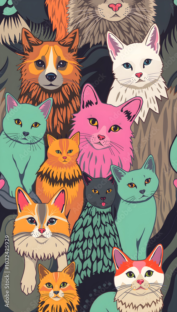 Naklejka premium The pattern of dog heads and cats in a pop-up style with extreme colors