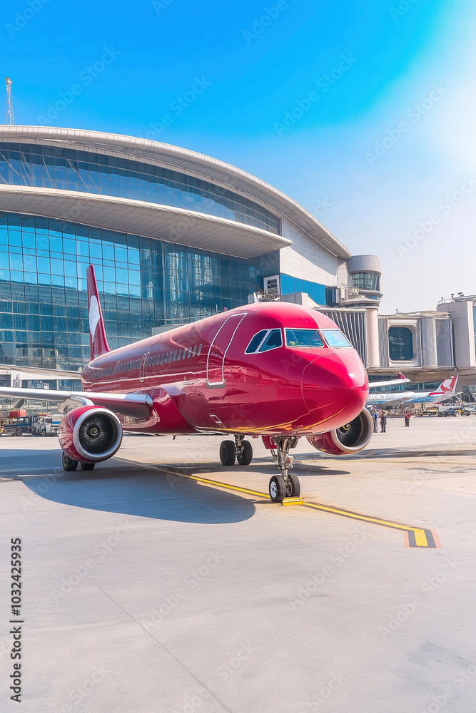 Fototapeta premium A bright red aircraft parked at a modern airport terminal on a sunny day