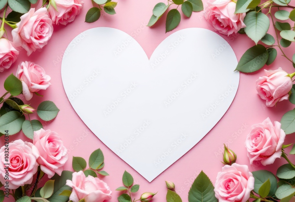 Heart Shape Surrounded by Pink Roses and Green Leaves Heart Shape Surrounded by Pink Roses and Green Leaves