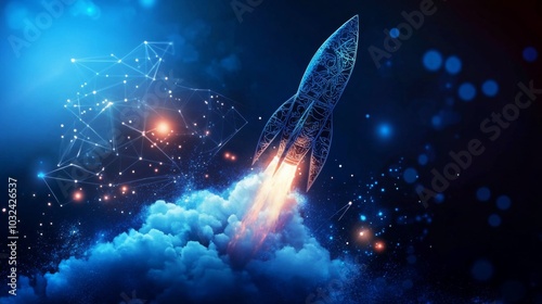 Fototapeta Naklejka Na Ścianę i Meble -  Rocket taking off from cloud is center image Blue glowing light bulb