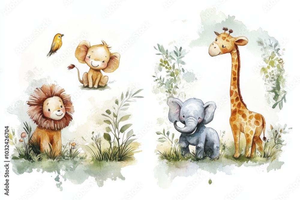 Fototapeta premium Set four illustrations different animals natural setting Safari Animal zebra