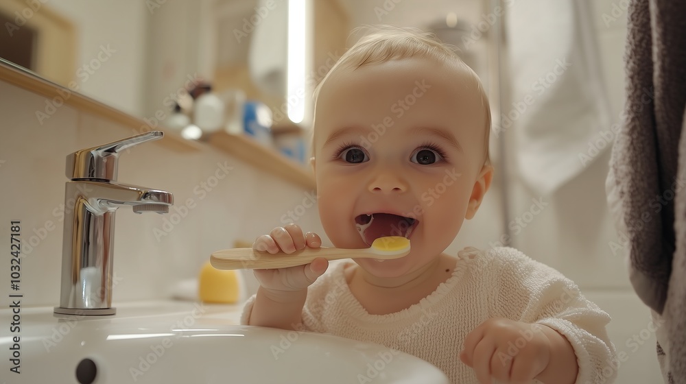 Cute baby boy child cleans teeth by toothbrush, baby brush teeth Cute baby boy child cleans teeth by toothbrush, baby brush teeth