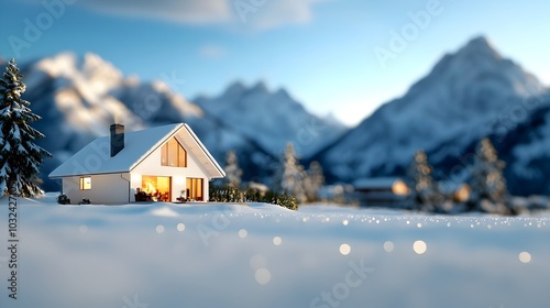 Cozy snowy mountain cabin nestled amidst towering snow covered pine trees with a warm glowing fireplace inside offering a peaceful and serene retreat in the winter landscape