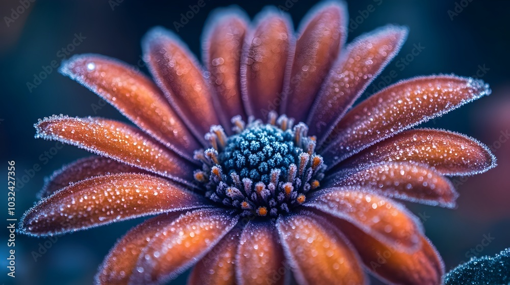 Obraz premium Closeup of a beautiful vibrant orange gerbera daisy flower in full bloom,with dazzling dew droplets glistening on the delicate,soft petals against a blurred natural background.