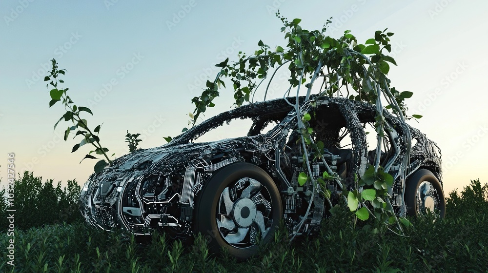 A sleek sports car infused with circuit board vines growing across its metallic body A sleek sports car infused with circuit board vines growing across its metallic body