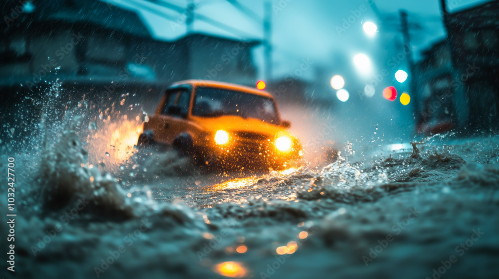 Fototapeta premium car in the rain with heavy rains, severe weather, rising water, storm surge, water damage and overflowing river