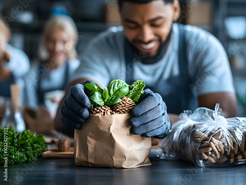 Man packing fresh vegetables and pinecones into paper bag promoting sustainable agriculture and eco-friendly packaging photo