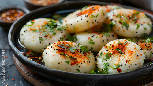 Spicy idlis with a dusting of chili powder and fresh herbs