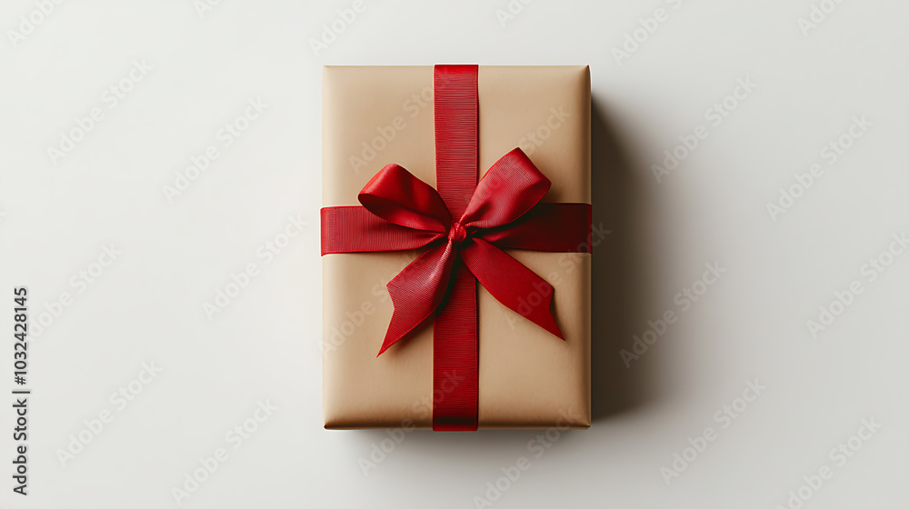 A Simple Gift Box Wrapped in Kraft Paper with a Red Bow A Simple Gift Box Wrapped in Kraft Paper with a Red Bow