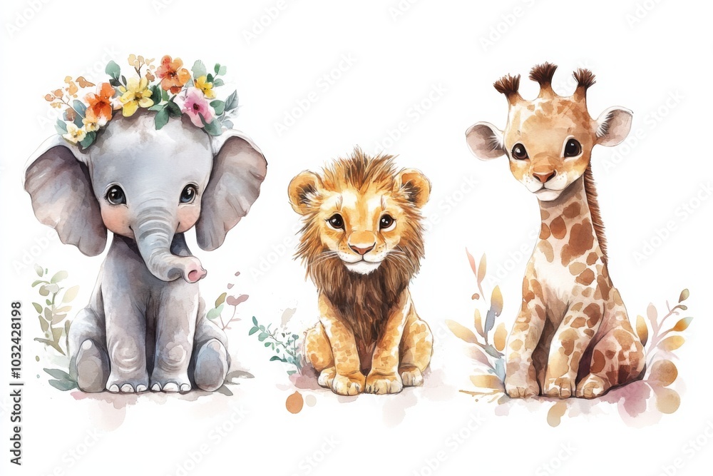 Watercolor illustration three baby animals - elephant giraffe Set of cute Watercolor illustration three baby animals - elephant giraffe Set of cute