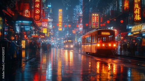 A bustling cityscape at night with a streetcar traveling through wet streets, illuminated by colorful neon lights reflecting on the puddles.