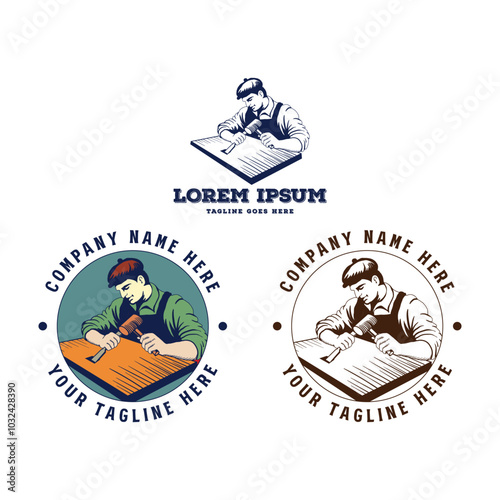 Vintage Retro Man Male hold Wooden Hammer and Chisel for Carpentry Woodwork Badge Emblem Label Logo