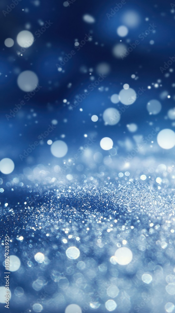 Fototapeta premium Bright Snowflakes and Glitter on Light Blue Blurred Backdrop