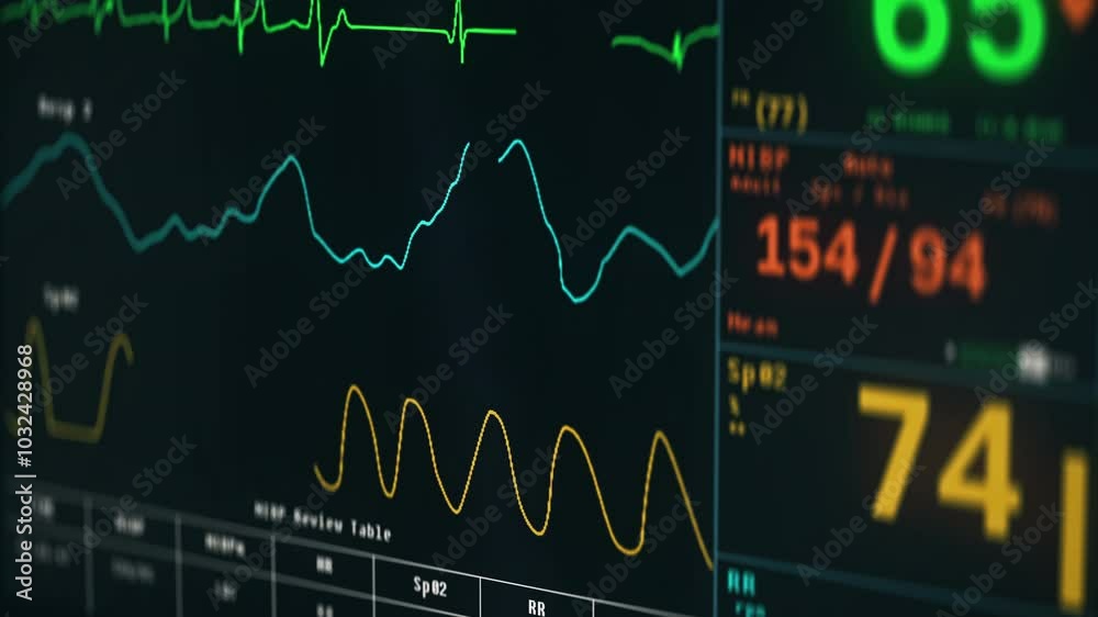 Electronic medical device detecting death of sick patients heart. Electronic screen identifying death of person with heart problems. Electronic monitor displays death from heart attack