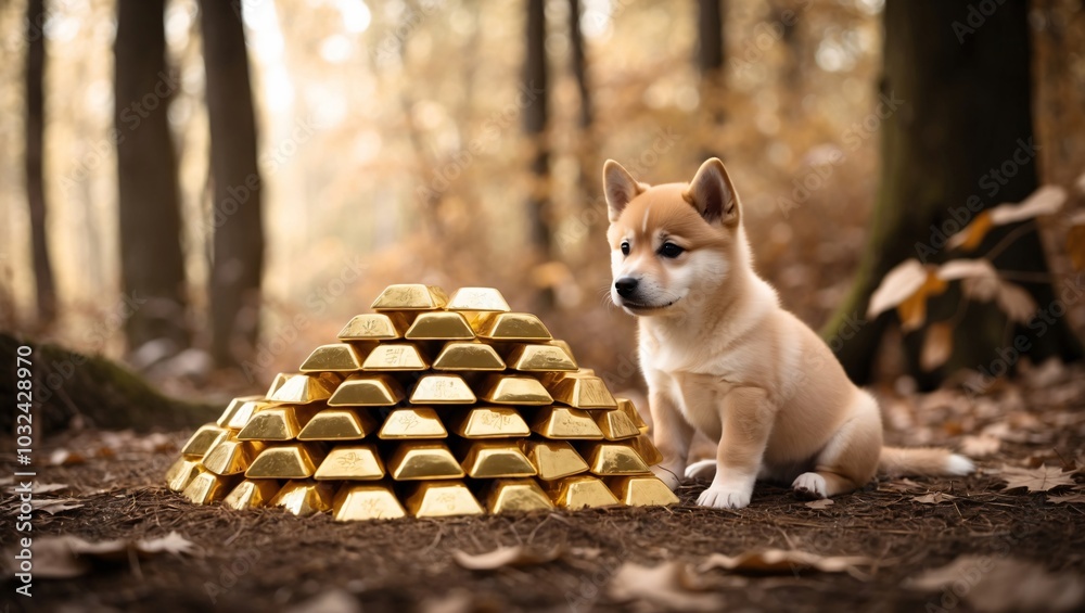 Shiba Inu in Serene Forest with Gold Bars