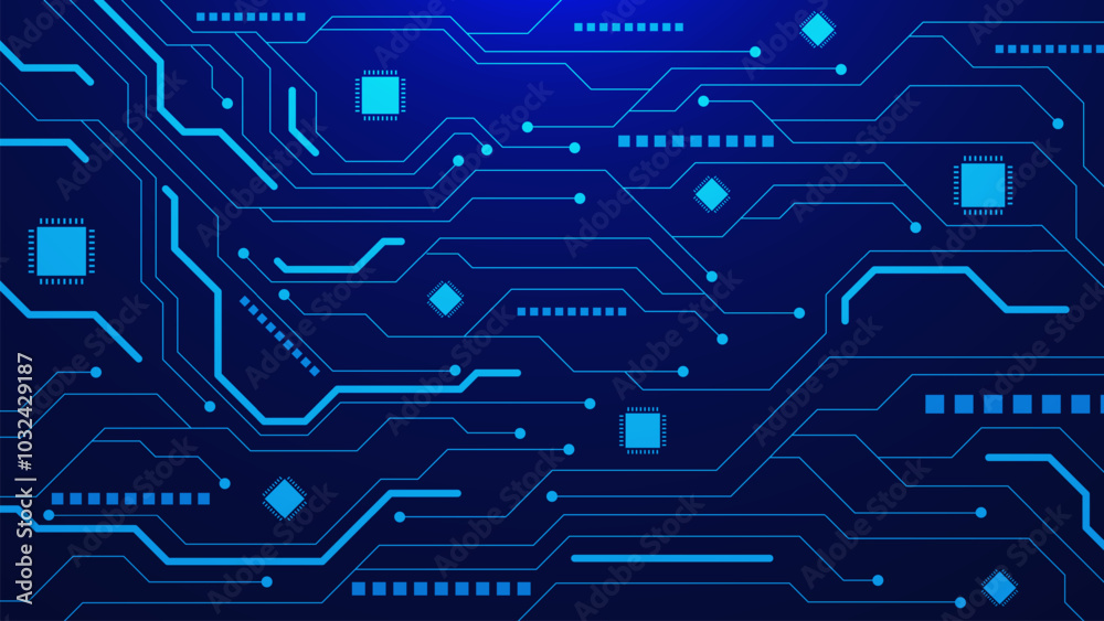 Abstract circuit board with IC integrated circuit for digital high technology concept on dark blue background