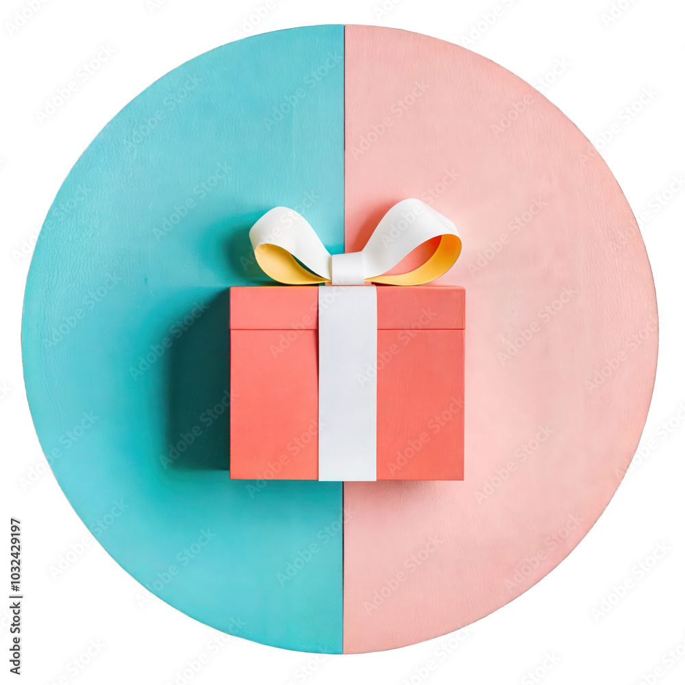 Minimalist circle pink and blue color-block gift box with white bow, isolated on transparent background for modern gifting and design projects