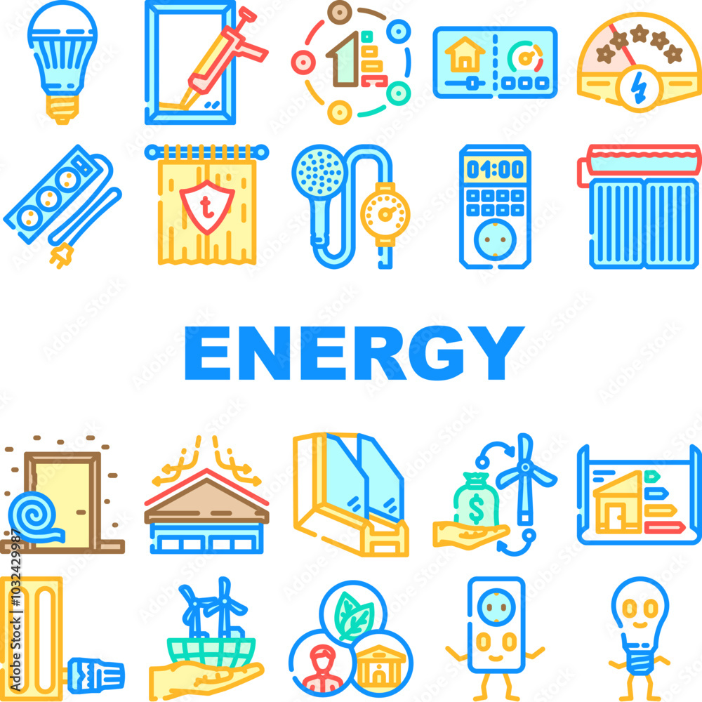 Naklejka premium energy conservation efficiency icons set vector. sustainability renewable, insulation,optimization, reduction green, ecofriendly energy conservation efficiency color line illustrations