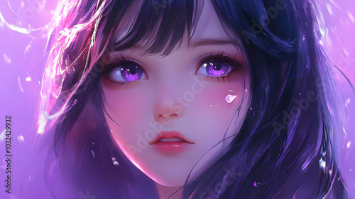 Portrait of an Anime girl with purple hair, beautiful female cartoon charackter, illustration